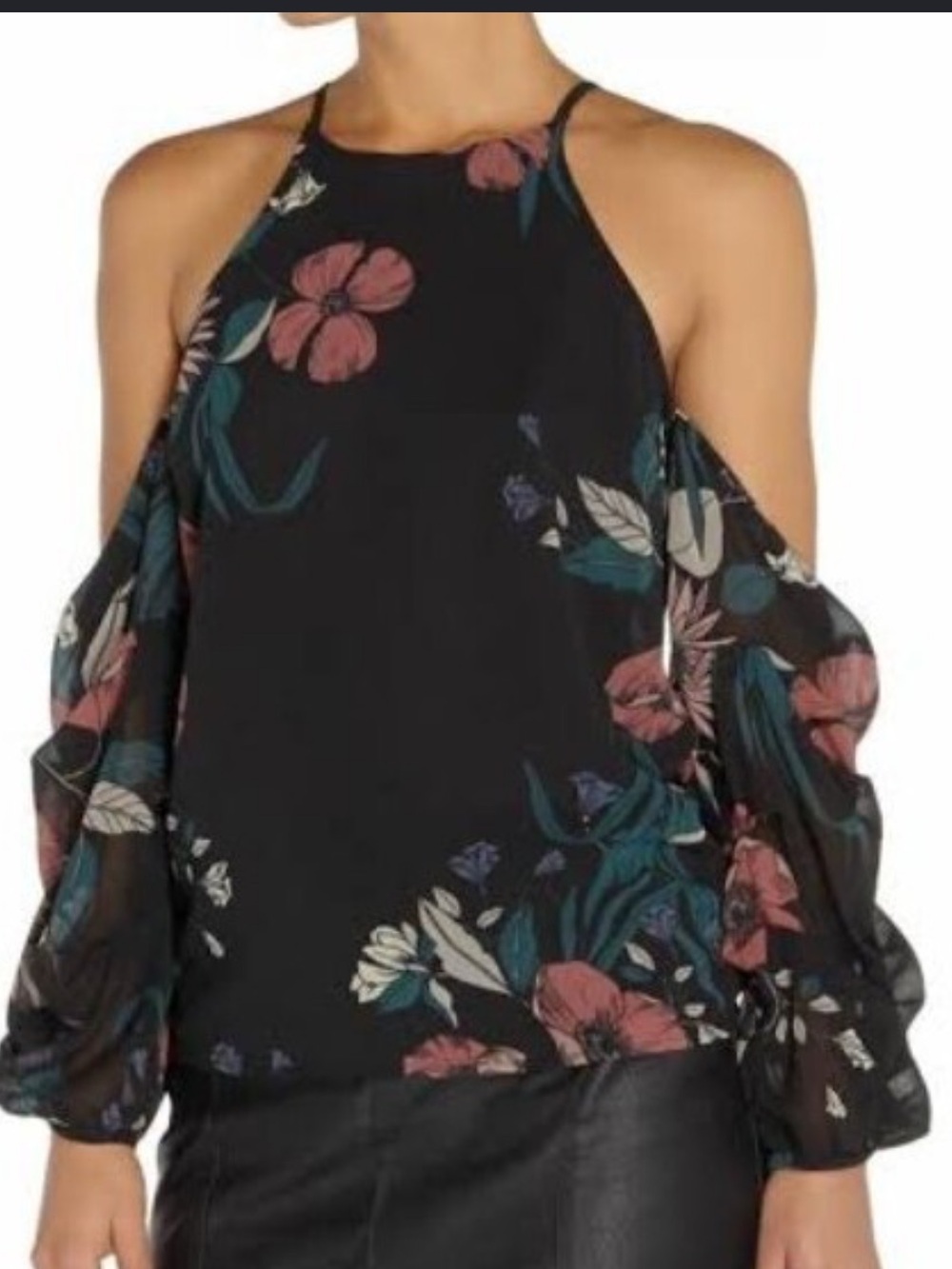 Bardot poppy floral top Floral Cold-Shoulder Blouse in Black and Rose NWT ⭐️